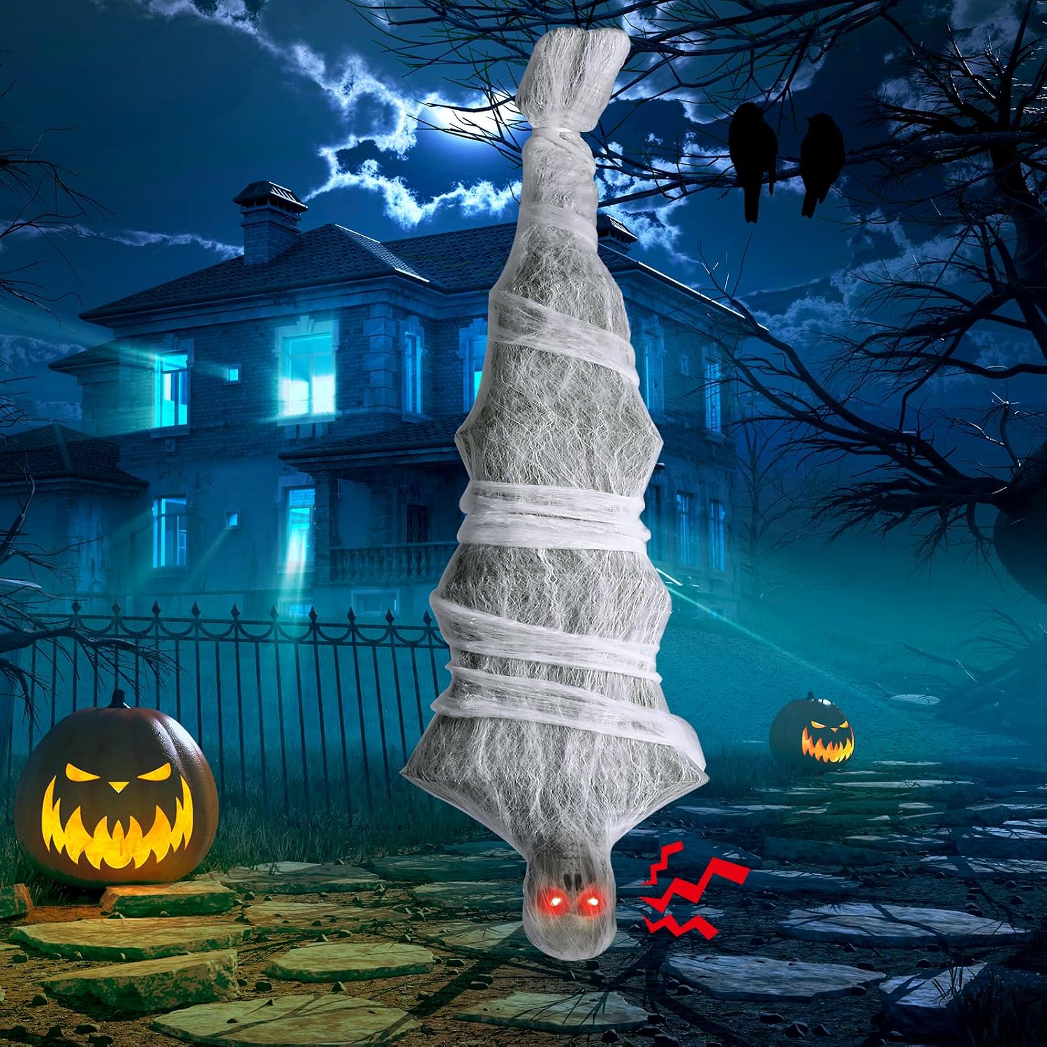 72" Hanging Cocoon Corpse Halloween Decoration with Sound-Activated Scream and Red LED Eyes