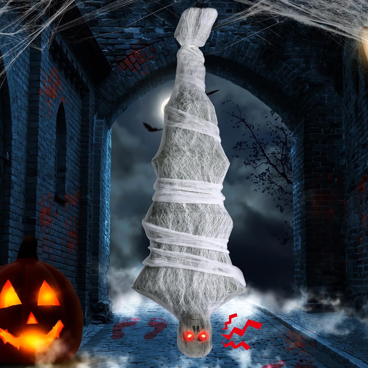 72" Hanging Cocoon Corpse Halloween Decoration with Sound-Activated Scream and Red LED Eyes