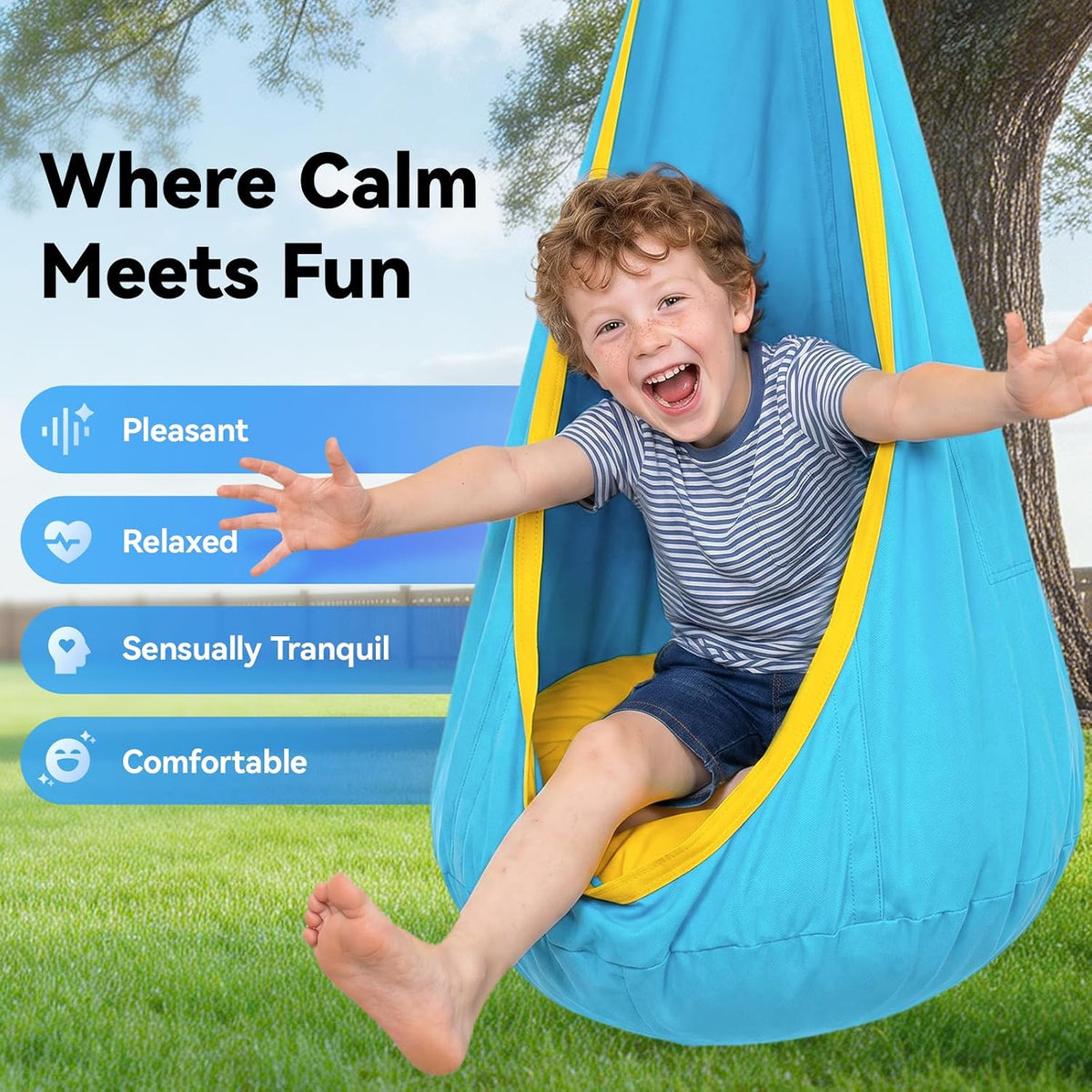 Kids Pod Swing Chair with Inflatable Cushion, Storage Pocket & Hanging Hardware