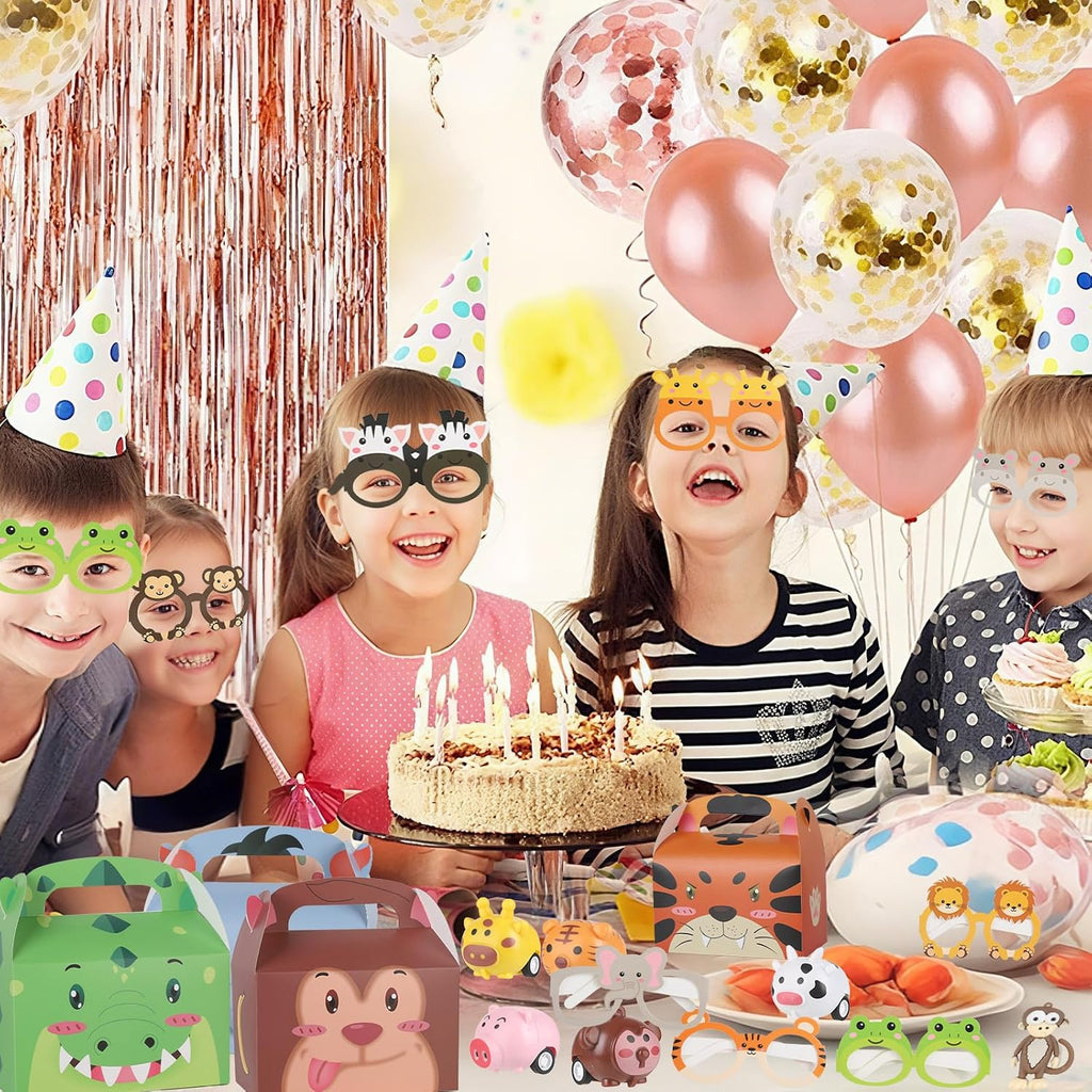 110-Piece Jungle Safari Party Favor Set with Animal Glasses, Pull-Back Cars, Keychains and Stickers
