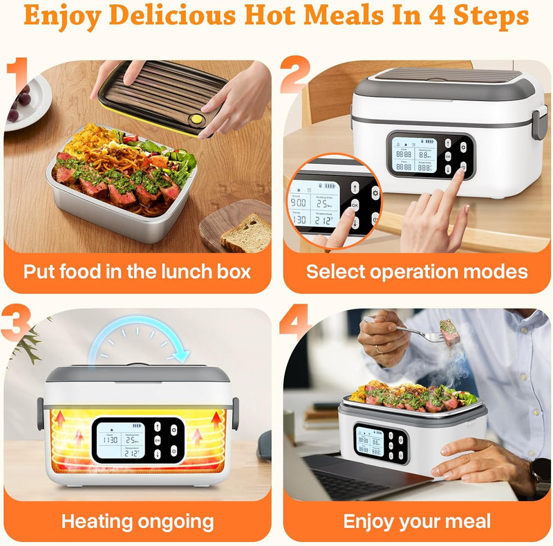 Cordless Personal Meal Warmer with Timer, 1.5L Stainless Steel Container - White