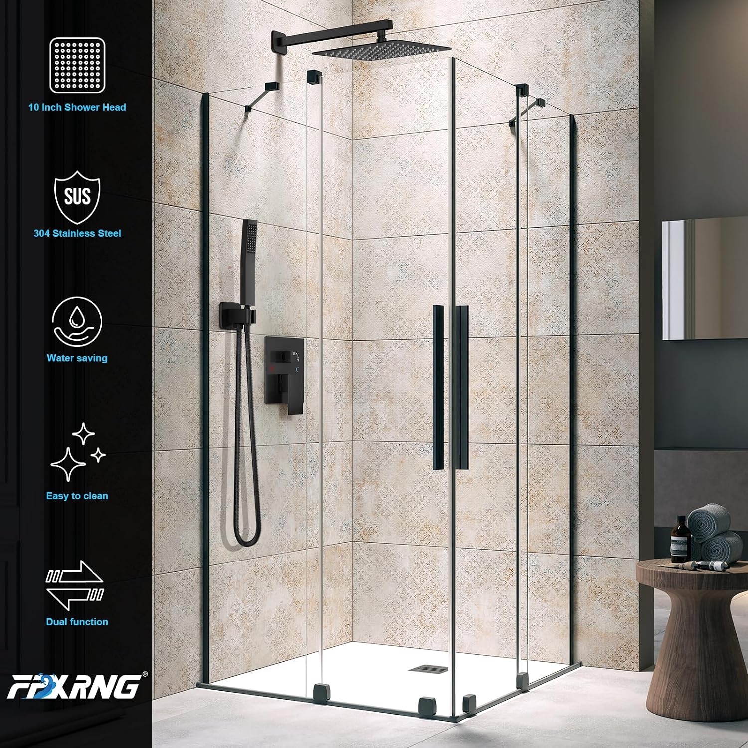 Rainfall Shower System with Handheld Shower Head Pressure Balance Valve and Metal Trim Kit