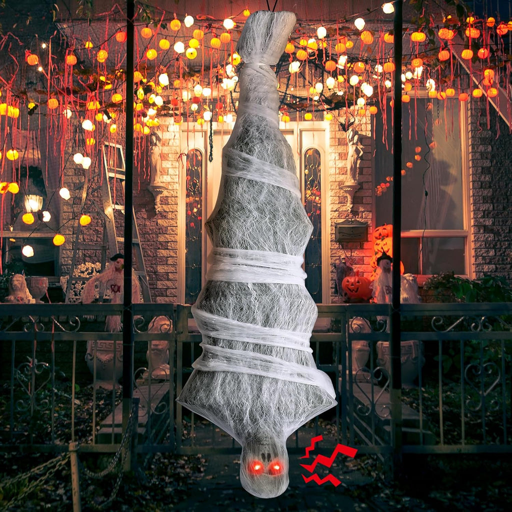 72" Hanging Cocoon Corpse Halloween Decoration with Sound-Activated Scream and Red LED Eyes