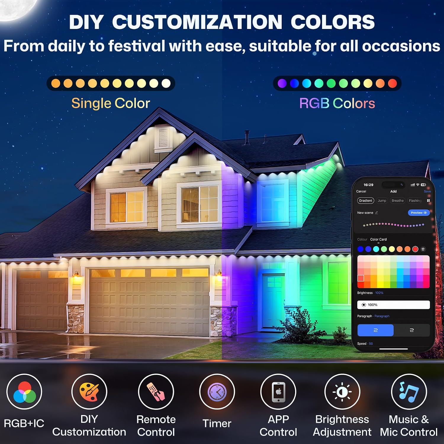 100' Permanent Outdoor RGBIC Eave Lights with 72 LEDs, App and Remote Control, IP67 Waterproof