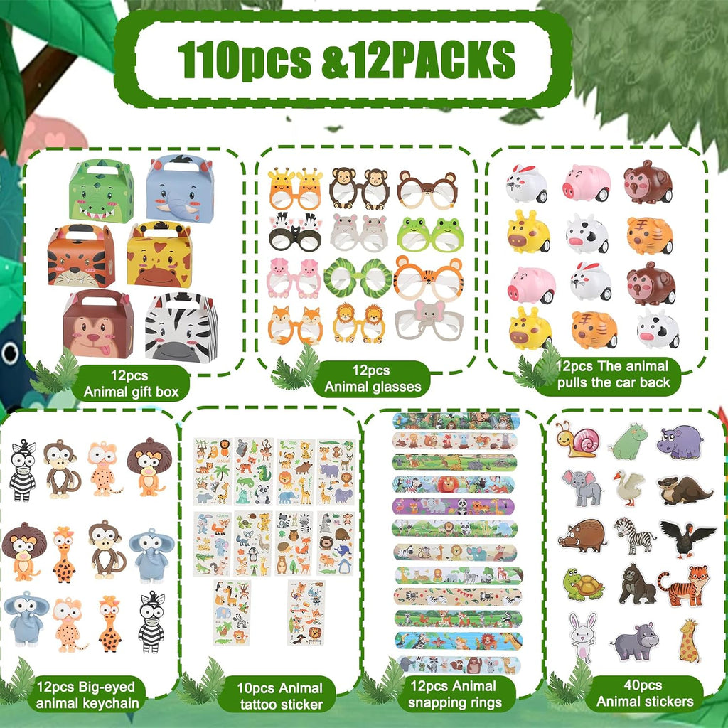 110-Piece Jungle Safari Party Favor Set with Animal Glasses, Pull-Back Cars, Keychains and Stickers