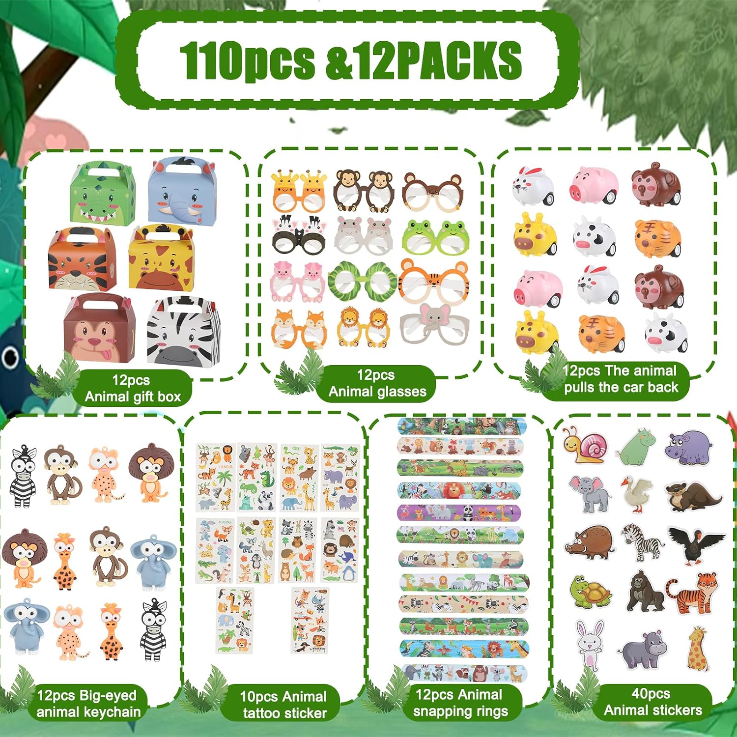 110-Piece Jungle Safari Party Favor Set with Animal Glasses, Pull-Back Cars, Keychains and Stickers