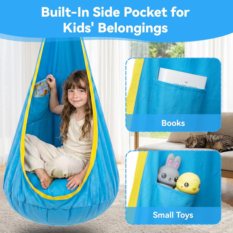 Kids Pod Swing Chair with Inflatable Cushion, Storage Pocket & Hanging Hardware