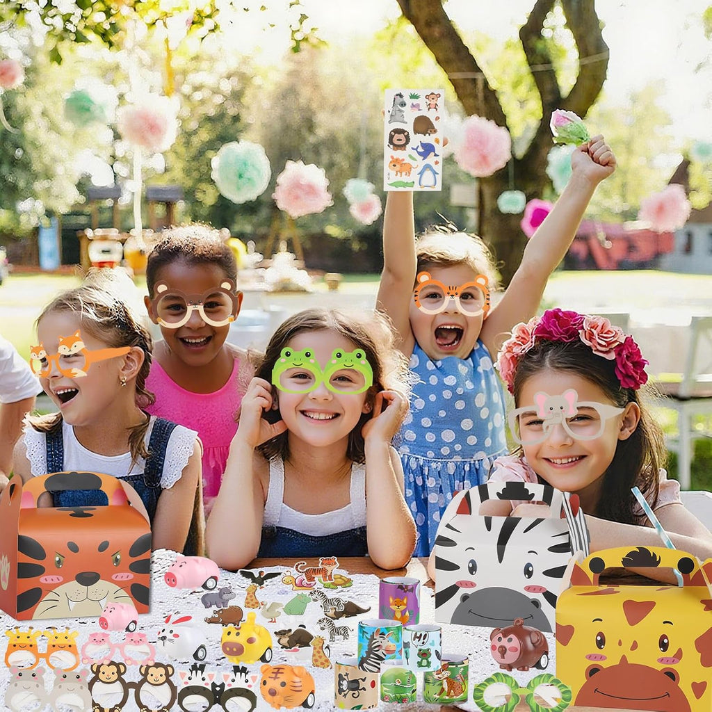 110-Piece Jungle Safari Party Favor Set with Animal Glasses, Pull-Back Cars, Keychains and Stickers