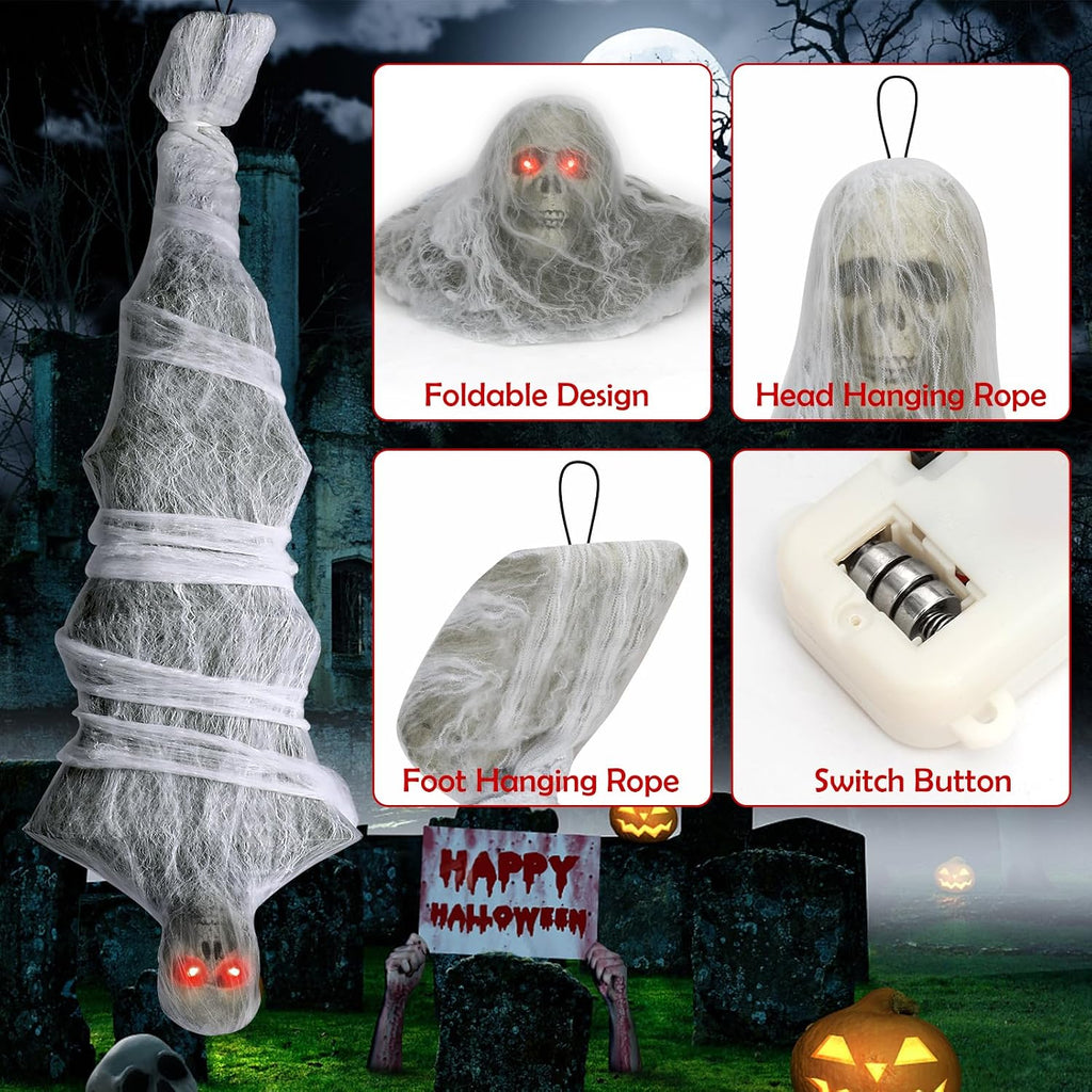 72" Hanging Cocoon Corpse Halloween Decoration with Sound-Activated Scream and Red LED Eyes