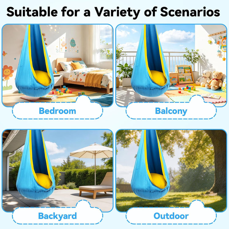 Kids Pod Swing Chair with Inflatable Cushion, Storage Pocket & Hanging Hardware