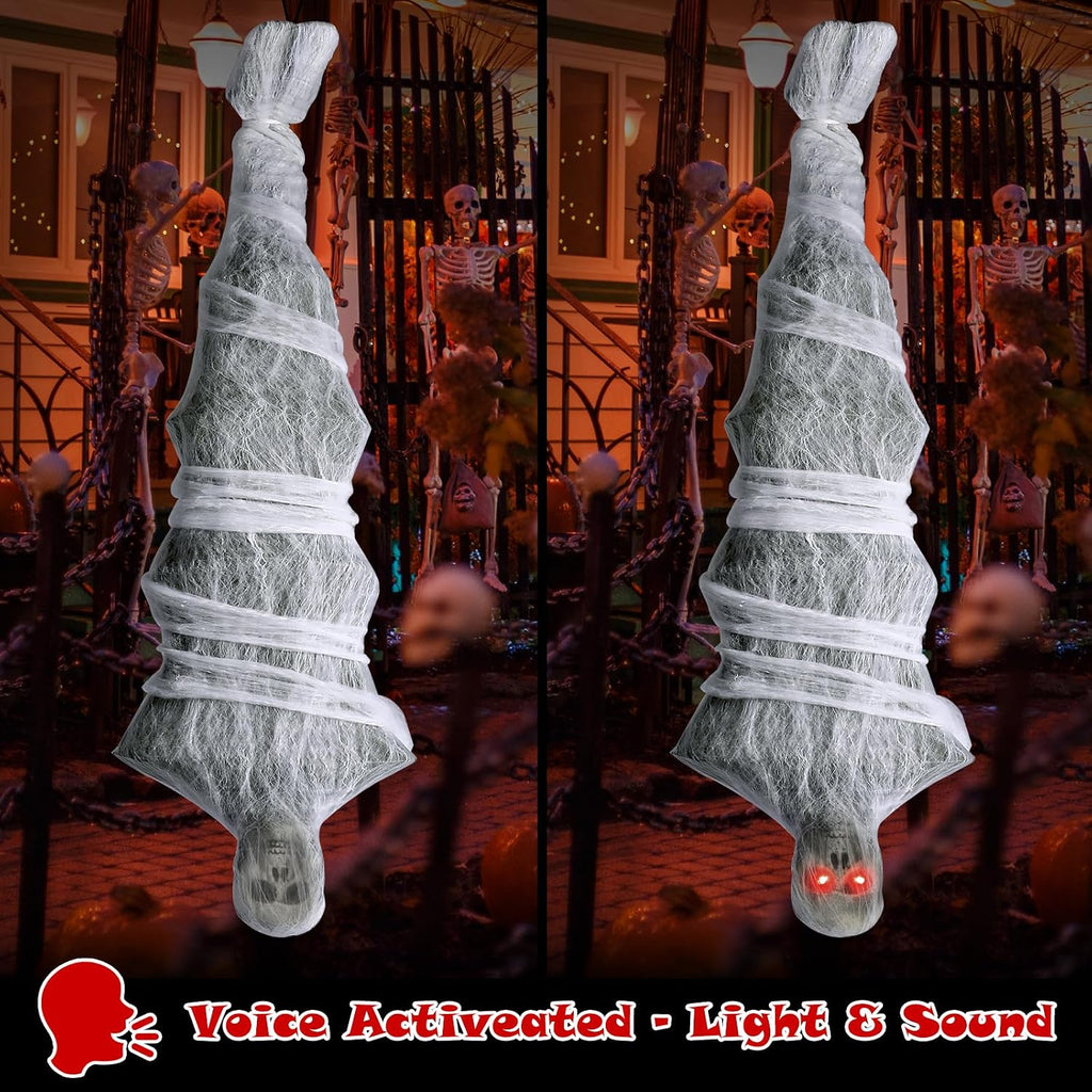 72" Hanging Cocoon Corpse Halloween Decoration with Sound-Activated Scream and Red LED Eyes