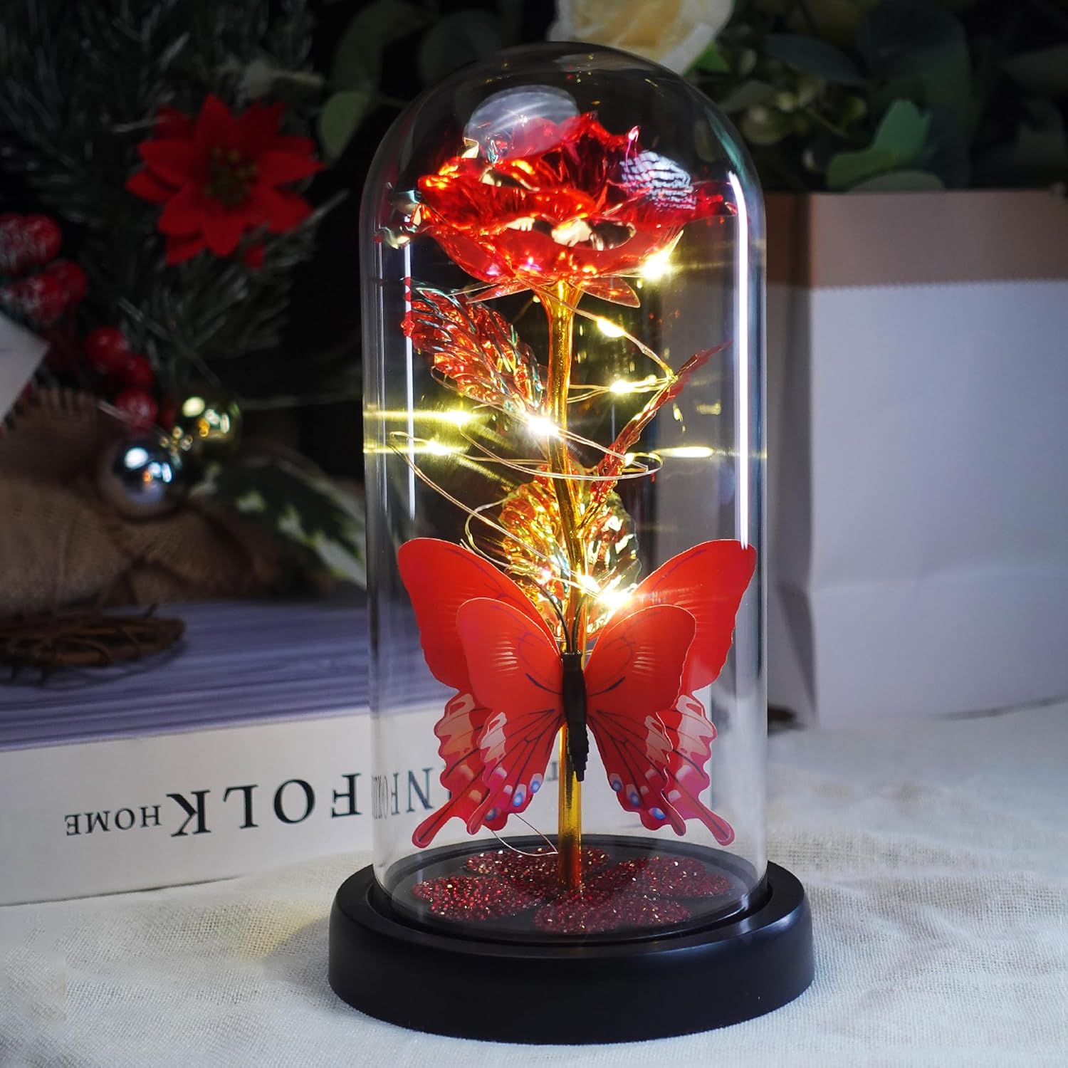 LED Rose Light in Glass Dome Romantic Gift for Anniversary Birthday Valentines Day Decor