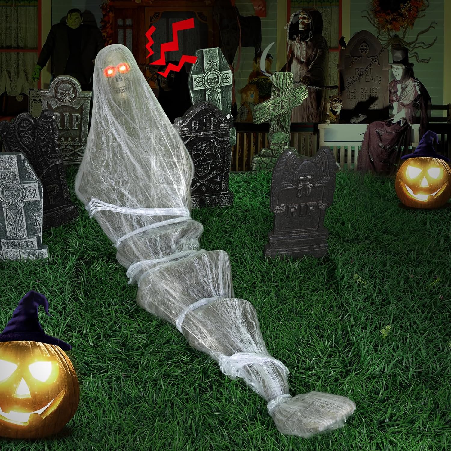 72" Hanging Cocoon Corpse Halloween Decoration with Sound-Activated Scream and Red LED Eyes