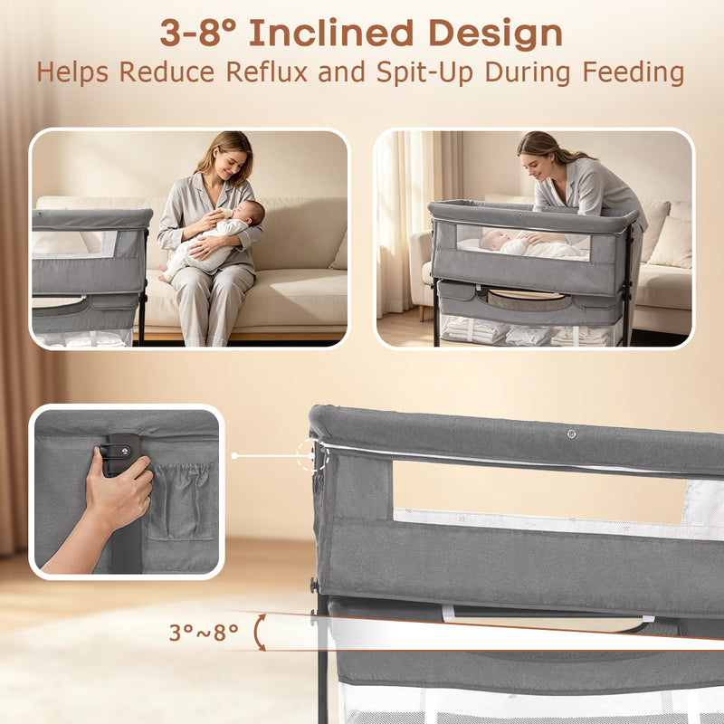 Kmaier Baby Bassinet 3 in 1 Foldable Portable Crib,6 Adjustable Height,with Wheels,Baby Bassinet Rocking-Dark Grey