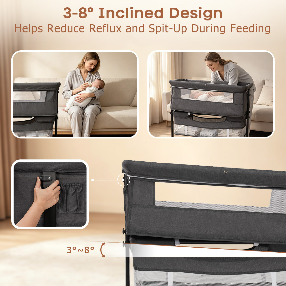 Baby Bassinet Sleeper, 6 Height Adjustable Cribs, Easy to Fold Portable Crib Side Bassinet, Swing Cradle Bed Side Sleeper with Ventilated NetWith Wheels