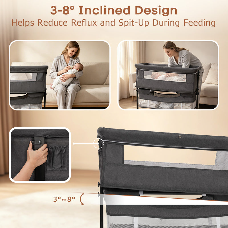 Baby Bassinet Sleeper, 6 Height Adjustable Cribs, Easy to Fold Portable Crib Side Bassinet, Swing Cradle Bed Side Sleeper with Ventilated NetWith Wheels