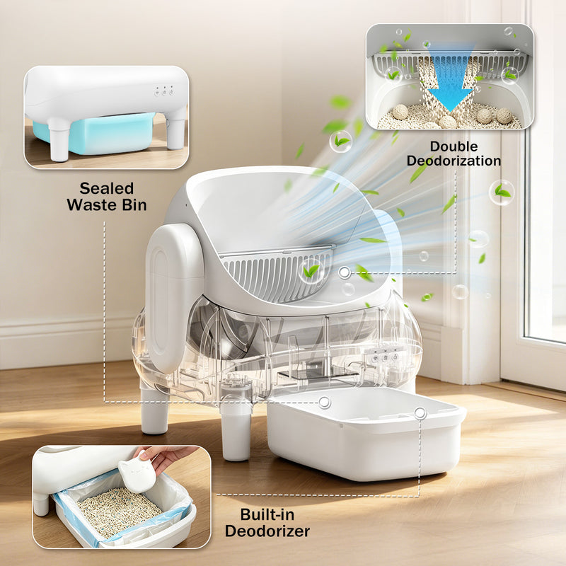 Cumrige E Self Cleaning Litter Box,Large Capacity Automatic Cat Litter Box Self Cleaning for Multiple Cats with App Control and Safety Protection,2 Roll Litter Bags,White