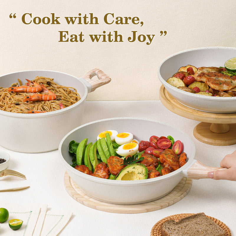 12 Pcs Pots and Pans Set, Nonstick Cookware Sets White Granite Induction Cookware, Non-toxic Healthy Non Stick Kitchen Cooking Set with Frying Pans Set, Saucepans,Steamer