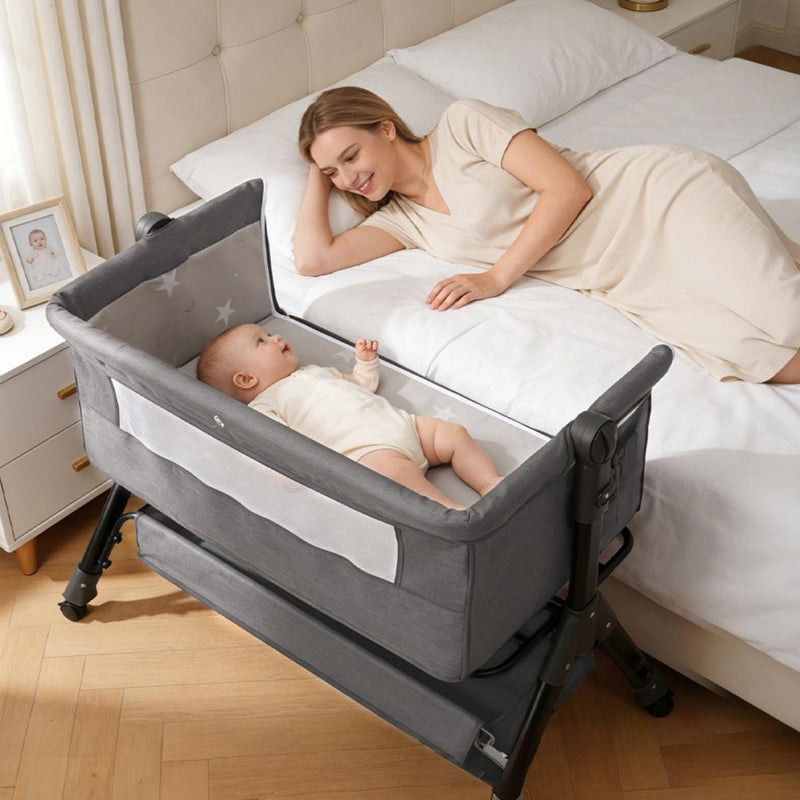 Baby Bassinet Sleeper, Adjustable Baby Crib for Baby, Rocking Bassinets Bedside Sleeper, Easy to Fold Portable Crib Side Bassinet with Breathable Mesh and Wheels