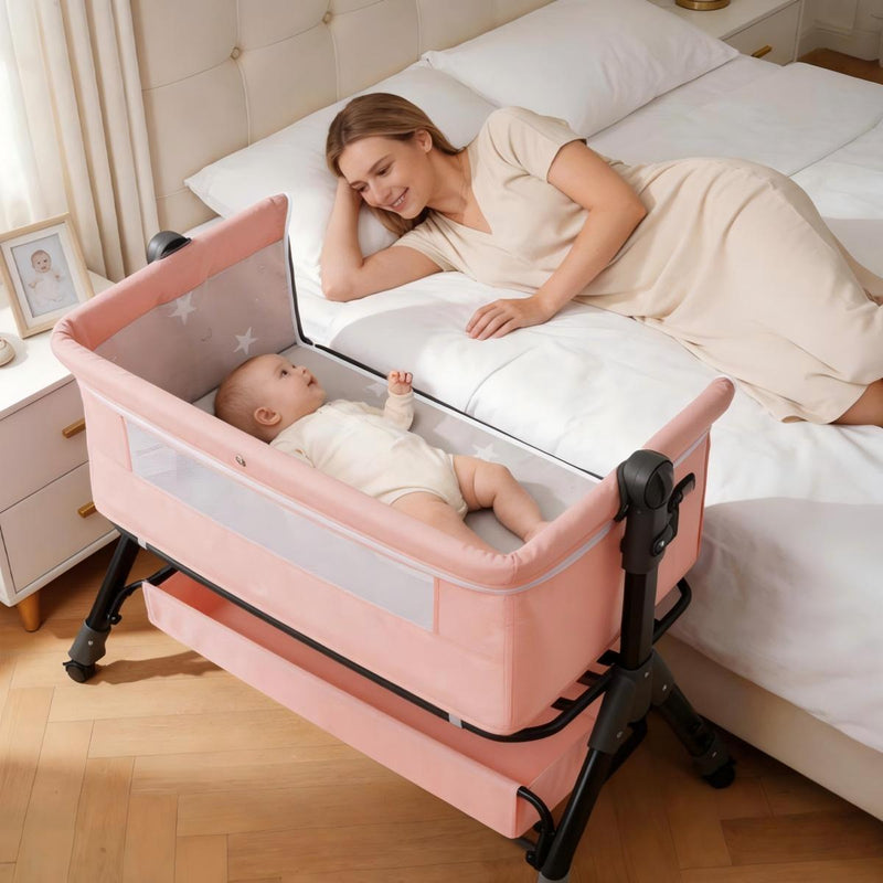 Baby Bassinet Sleeper, Adjustable Baby Crib for Baby, Rocking Bassinets Bedside Sleeper, Easy to Fold Portable Crib Side Bassinet with Breathable Mesh and Wheels