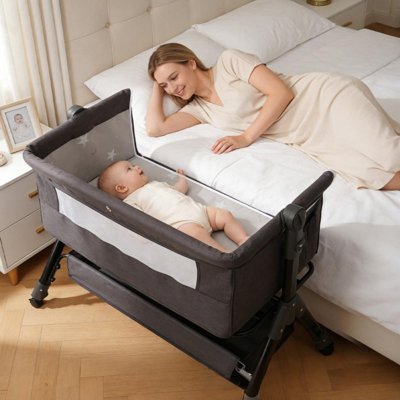 Baby Bassinet Sleeper, Adjustable Baby Crib for Baby, Rocking Bassinets Bedside Sleeper, Easy to Fold Portable Crib Side Bassinet with Breathable Mesh and Wheels