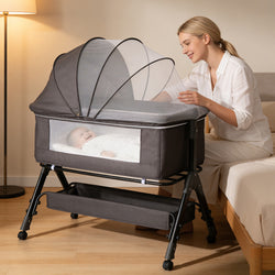 Baby Bassinet Sleeper, Adjustable Baby Crib for Baby, Rocking Bassinets Bedside Sleeper, Easy to Fold Portable Crib Side Bassinet with Breathable Mesh and Wheels