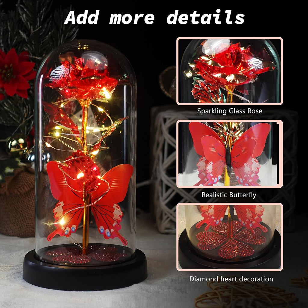 LED Rose Light in Glass Dome Romantic Gift for Anniversary Birthday Valentines Day Decor