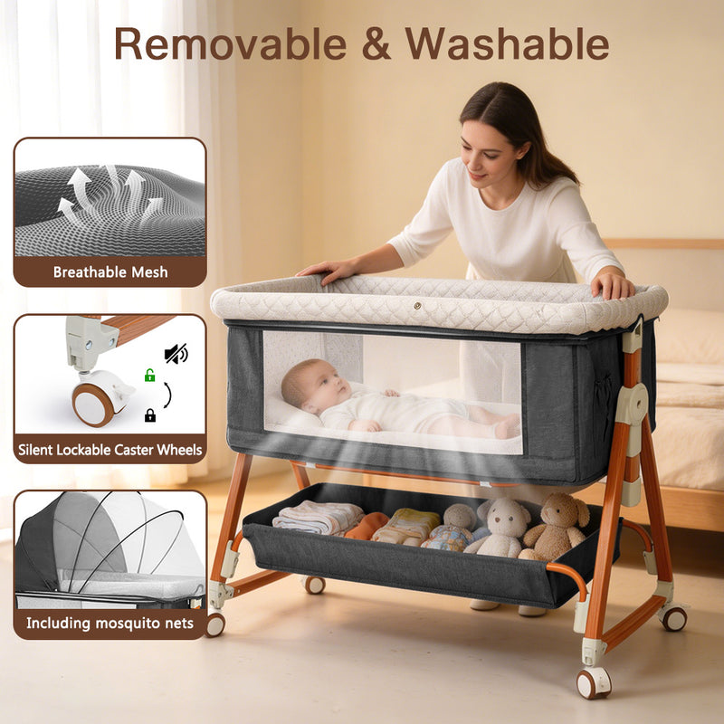 Baby Bassinet, Crib for Infant and Newborn, Bedside Sleeper with Storage Basket and Mosquito Net, Easy to Fold, Height Adjustable, Portable Side Bed Crib