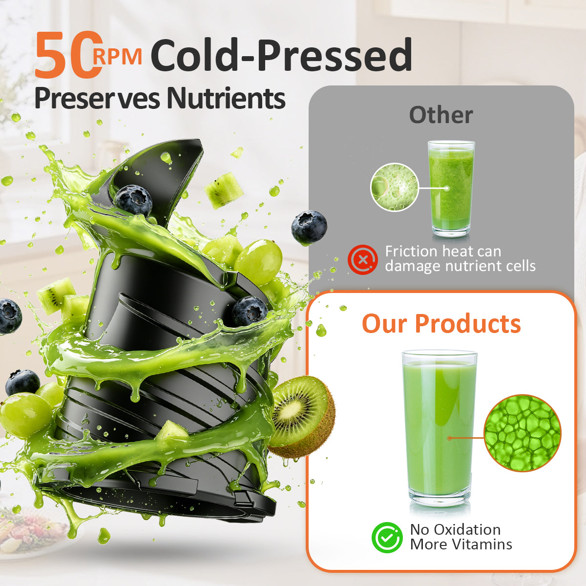 Cold Press Juicer, Juicer Machines with 5.4" Wide Feed Chute for Juice Extractor, Professional Slow Masticating Juicer for Whole Vegetables & Fruits with High Juice Yield, Easy to Clean