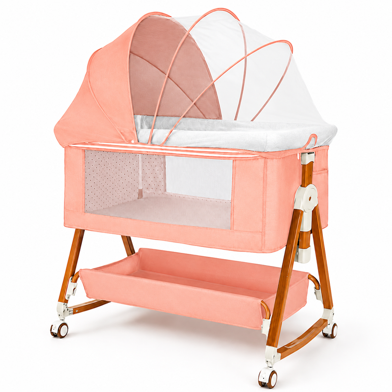 Baby Bassinet, Crib for Infant and Newborn, Bedside Sleeper with Storage Basket and Mosquito Net, Easy to Fold, Height Adjustable, Portable Side Bed Crib