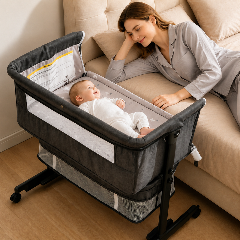 Baby Bassinet Sleeper, 6 Height Adjustable Cribs, Easy to Fold Portable Crib Side Bassinet, Swing Cradle Bed Side Sleeper with Ventilated NetWith Wheels