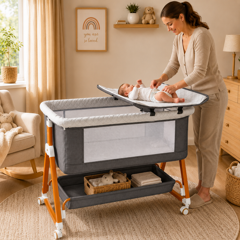 Baby Bassinet, 3 in 1 Bedside Bassinets for Baby, Bassinet Bedside Sleeper with Wheels, Adjustable Height with Rocking Mode, Breathable Mesh, Storage Basket, Easy Assemble & Folding