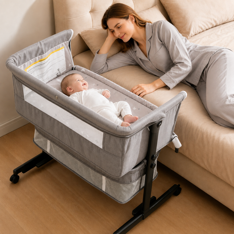 Baby Bassinet Sleeper, 6 Height Adjustable Cribs, Easy to Fold Portable Crib Side Bassinet, Swing Cradle Bed Side Sleeper with Ventilated NetWith Wheels