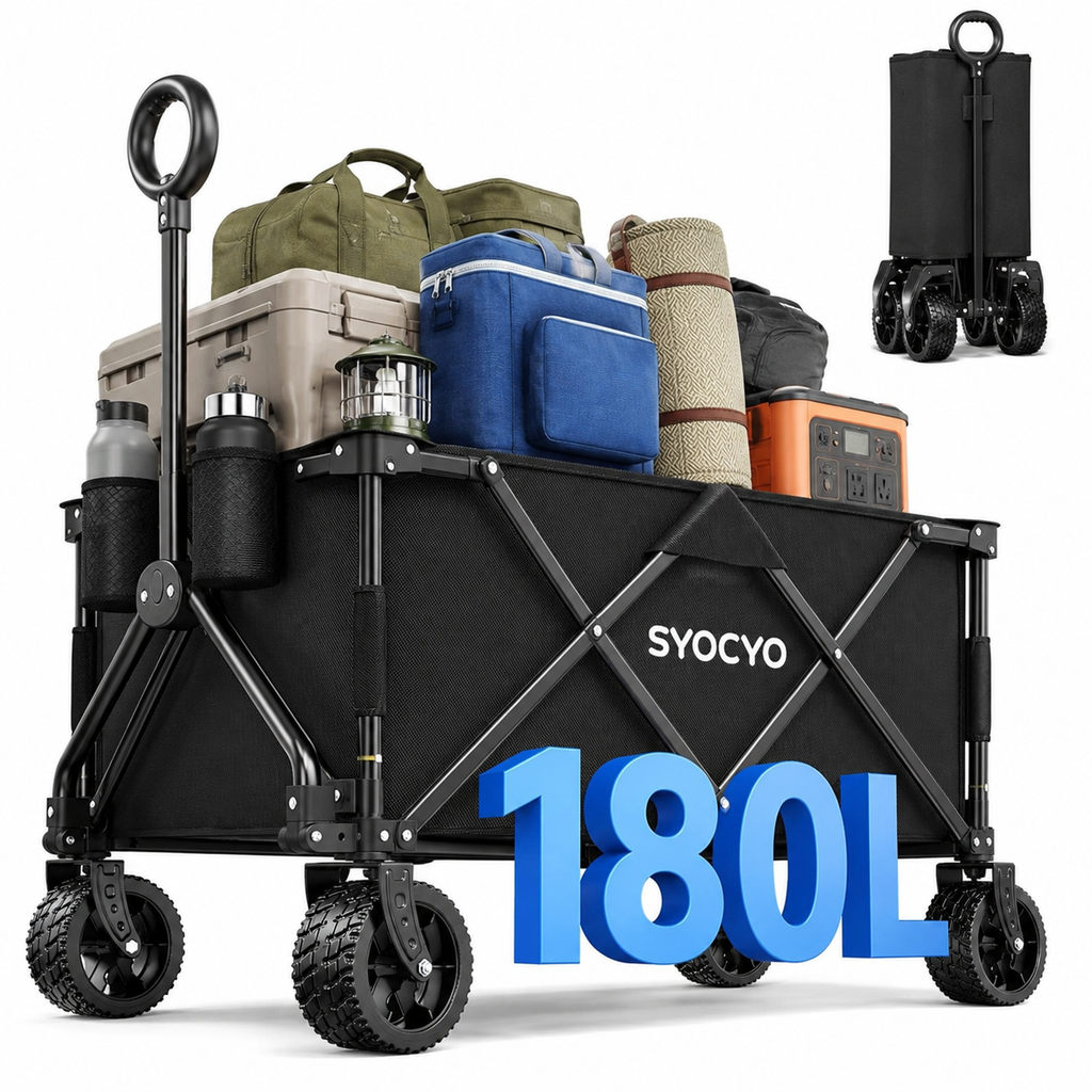 Heavy Duty Wagons Carts Foldable, Collapsible Wagon with Big Wheels for Sand & Cup Holders for Camping Garden Sports Grocery