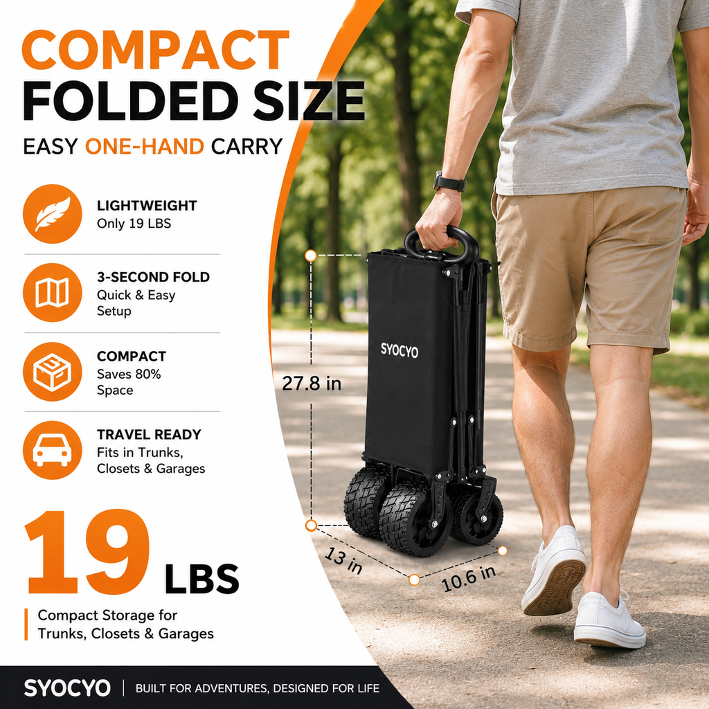 Heavy Duty Wagons Carts Foldable, Collapsible Wagon with Big Wheels for Sand & Cup Holders for Camping Garden Sports Grocery