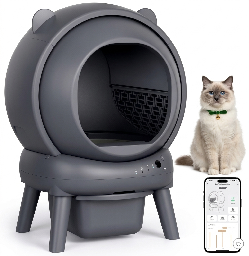 Automatic Litter Box for Multiple Cats, Large Capacity Self Cleaning Litter Box with App Control, Odor & Noise Control, Dual Safety Sensors, Easy Maintenance with 2 Roll Garbage Bags, Gray