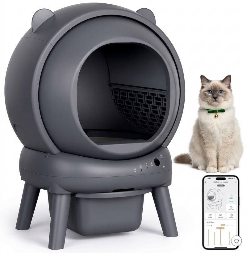 Automatic Litter Box for Multiple Cats, Large Capacity Self Cleaning Litter Box with App Control, Odor & Noise Control, Dual Safety Sensors, Easy Maintenance with 2 Roll Garbage Bags, Gray