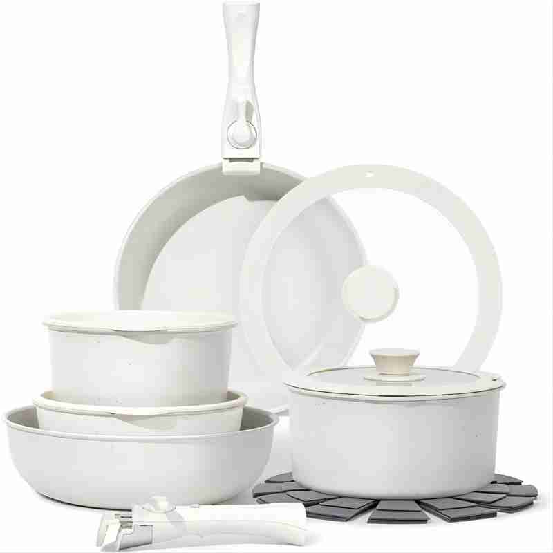 15 Pcs Pots and Pans Set Non Stick, Cookware Sets with Detachable Handle, Nonstick RV Kitchen Cooking Tools Removable Handles, Oven Safe, Induction Fast, Stackable Induction Cookware, White