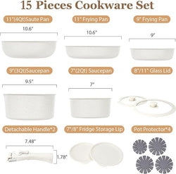 15 Pcs Pots and Pans Set Non Stick, Cookware Sets with Detachable Handle, Nonstick RV Kitchen Cooking Tools Removable Handles, Oven Safe, Induction Fast, Stackable Induction Cookware, White