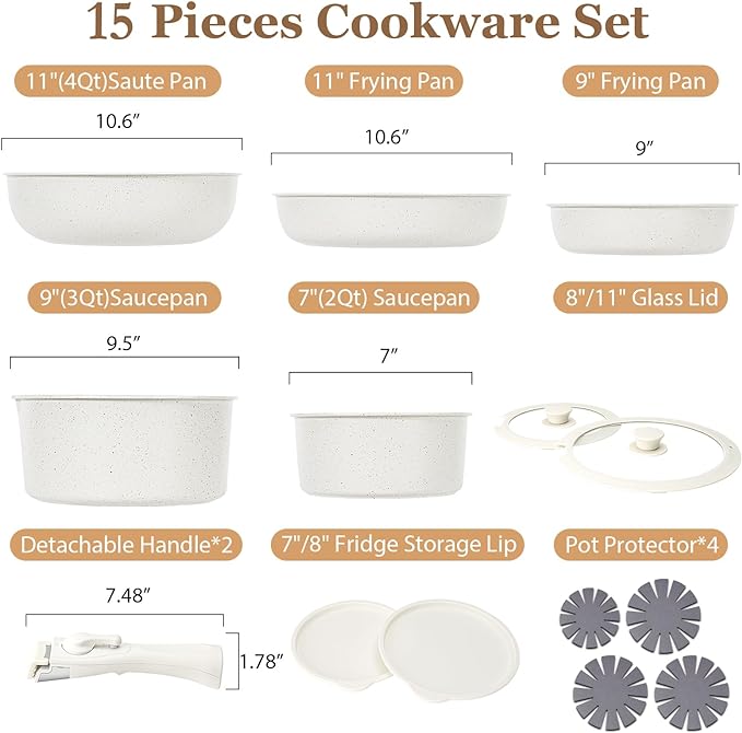 15 Pcs Pots and Pans Set Non Stick, Cookware Sets with Detachable Handle, Nonstick RV Kitchen Cooking Tools Removable Handles, Oven Safe, Induction Fast, Stackable Induction Cookware, White