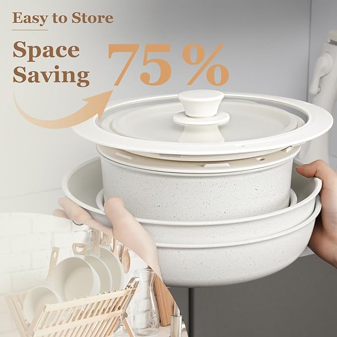 15 Pcs Pots and Pans Set Non Stick, Cookware Sets with Detachable Handle, Nonstick RV Kitchen Cooking Tools Removable Handles, Oven Safe, Induction Fast, Stackable Induction Cookware, White