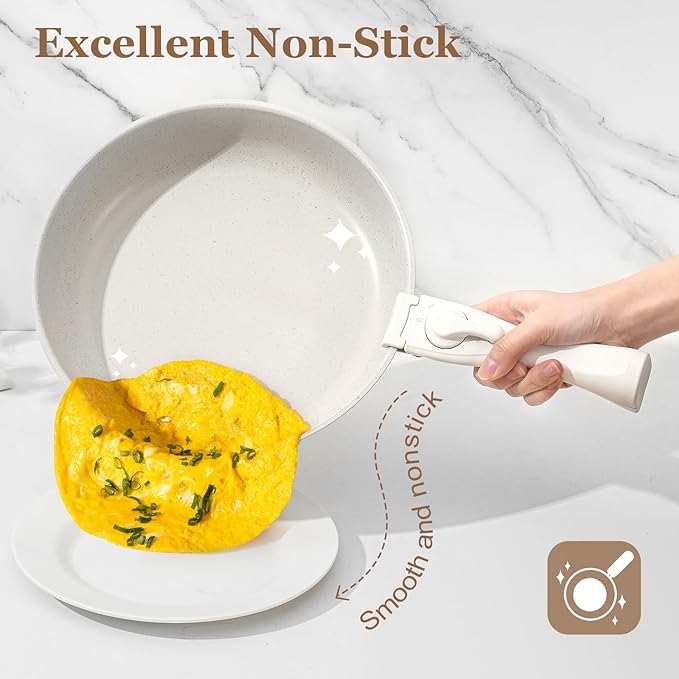 15 Pcs Pots and Pans Set Non Stick, Cookware Sets with Detachable Handle, Nonstick RV Kitchen Cooking Tools Removable Handles, Oven Safe, Induction Fast, Stackable Induction Cookware, White