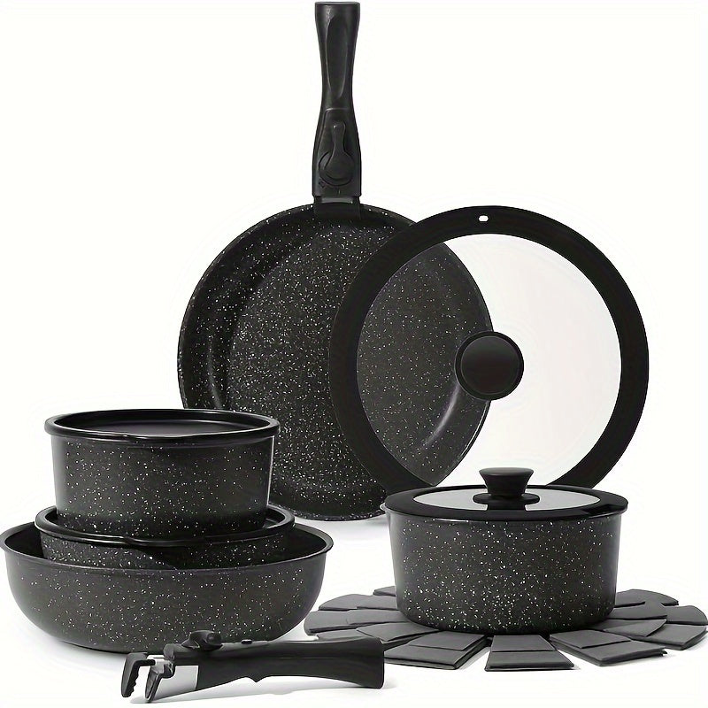 15 Pcs Pots and Pans Set Non Stick, Cookware Sets with Detachable Handle, Nonstick RV Kitchen Cooking Tools Removable Handles, Oven Safe, Induction Fast, Stackable Induction Cookware, White