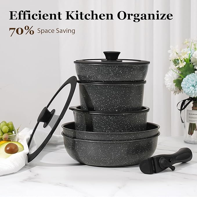 15 Pcs Pots and Pans Set Non Stick, Cookware Sets with Detachable Handle, Nonstick RV Kitchen Cooking Tools Removable Handles, Oven Safe, Induction Fast, Stackable Induction Cookware, White