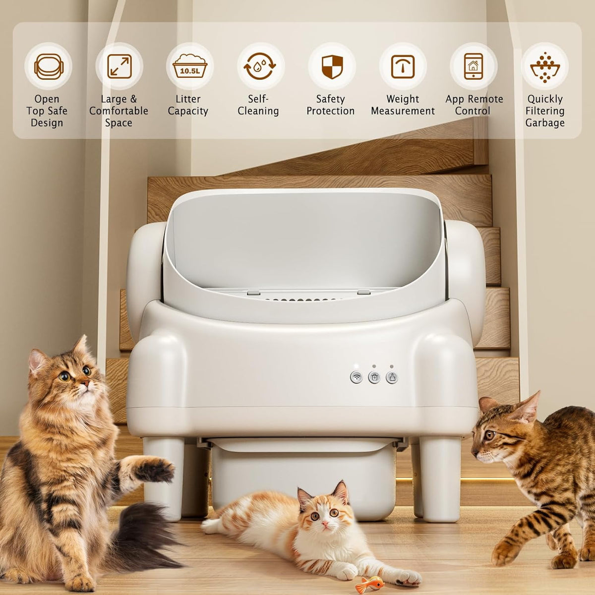 Self Cleaning Litter Box,Open Top Automatic Litter Box with App Control for Multiple Cats, Safety Sensors Protection, Odor Control Includes 2 roll Liners,Large Waste Bin, Cream White