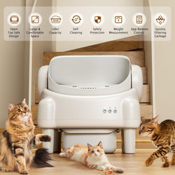 Self Cleaning Litter Box,Open Top Automatic Litter Box with App Control for Multiple Cats, Safety Sensors Protection, Odor Control Includes 2 roll Liners,Large Waste Bin, Cream White