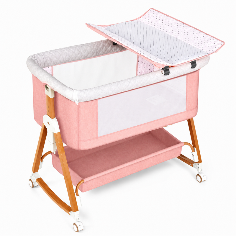 Baby Bassinet, 3 in 1 Bedside Bassinets for Baby, Bassinet Bedside Sleeper with Wheels, Adjustable Height with Rocking Mode, Breathable Mesh, Storage Basket, Easy Assemble & Folding