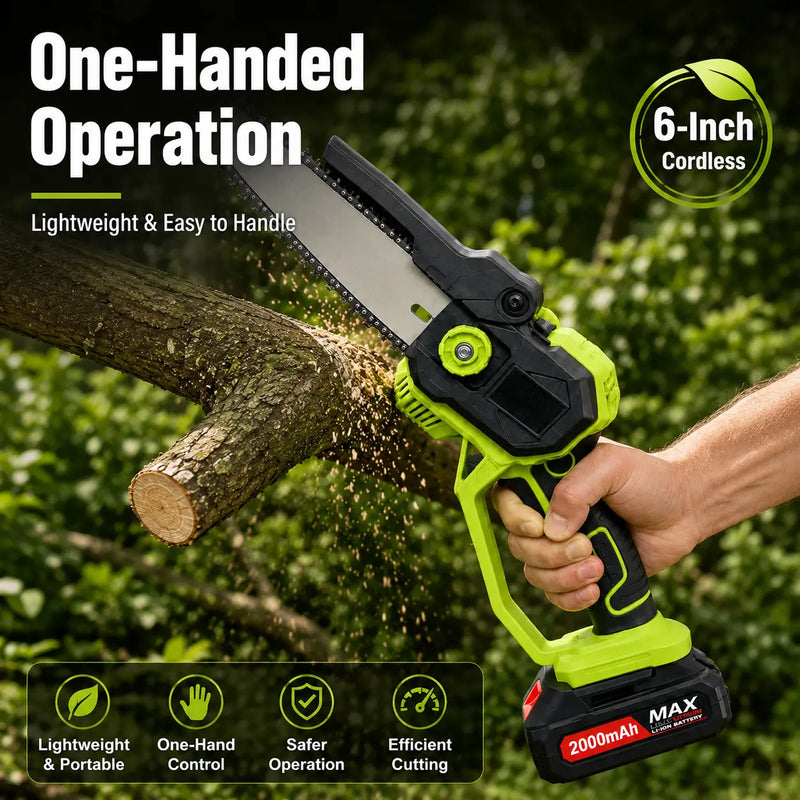 Cordless Mini Chainsaw Pruning Saw with 2 Batteries, Charger, Case and Extra Chain