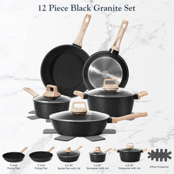 SODAY 12pcs Pots and Pans Set Non Stick Kitchen Cookware Sets Induction Cookware Nonstick Granite Cooking Set with Frying Pans, Saucepans