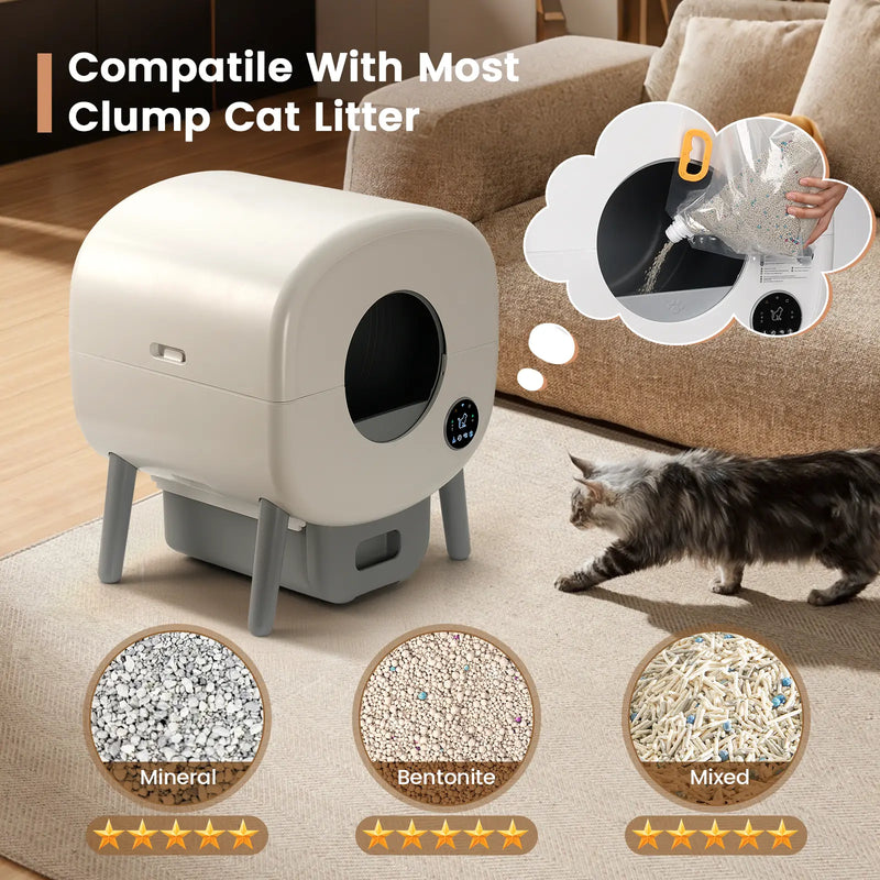 Self Cleaning Litter Box,Large Capacity Automatic Cat Litter Box Self Cleaning for Multiple Cats with App Control and Safety Protection,2 Roll Litter Bags,White